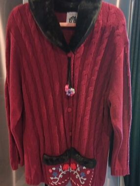 Storybook Knits Red Cable Knit Cardigan with Black Faux Fur Trim